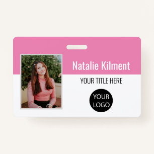 Employee Photo Name Logo Bar Code Pink and White ID Badge