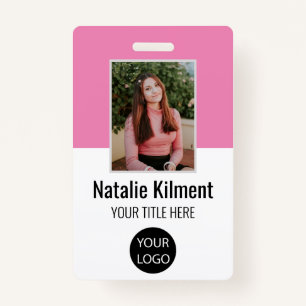 Employee Photo Name Logo Bar Code Pink and White ID Badge