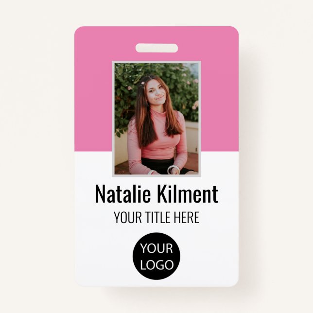 Employee Photo Name Logo Bar Code Pink and White ID Badge (Front)