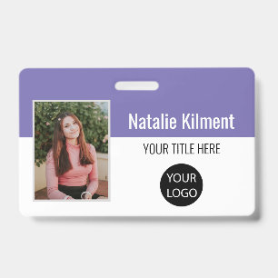 Employee Photo Name Logo Bar Code Purple and White ID Badge