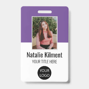 Employee Photo Name Logo Bar Code Purple and White ID Badge
