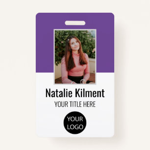 Employee Photo Name Logo Bar Code Purple and White ID Badge