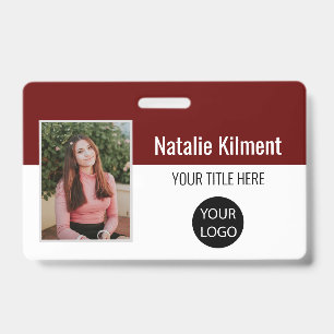Employee Photo Name Logo Bar Code Red and White ID Badge