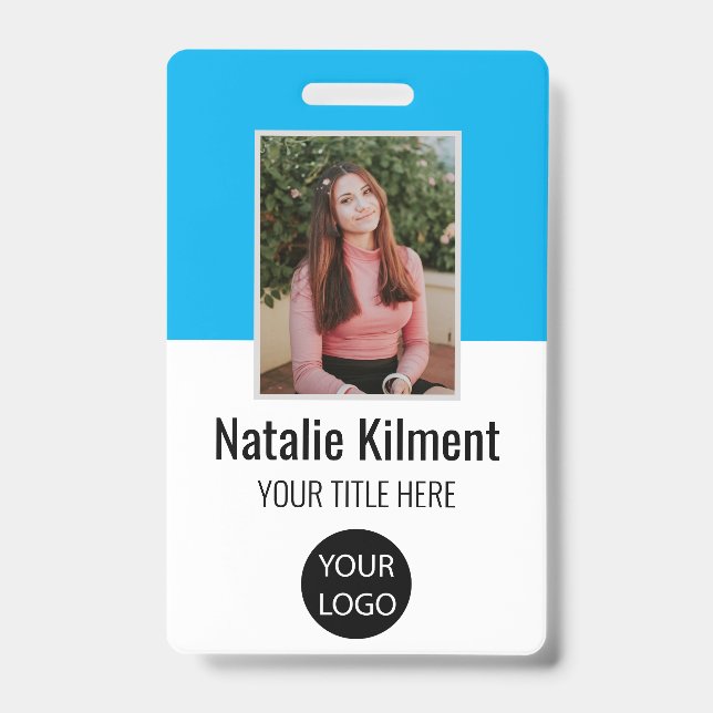 Employee Photo Name Logo Bar Code Sky Blue ID Badge (Front)