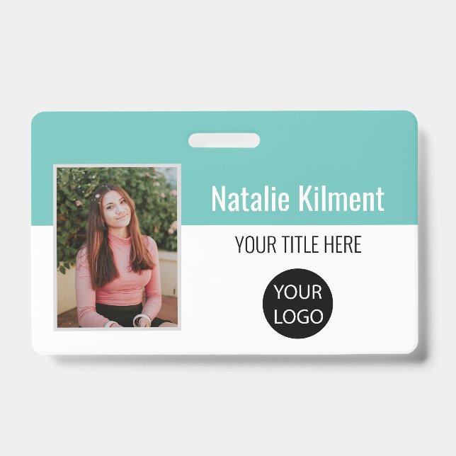 Employee Photo Name Logo Bar Code Teal and White ID Badge (Front)