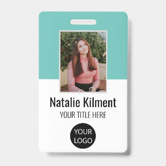 Employee Photo Name Logo Bar Code Teal and White ID Badge