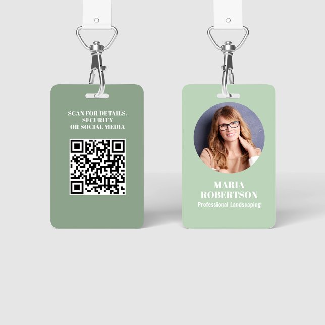 Employee Photo QR Code Green Custom ID Badge (Employee photo business badge with solid green color. )