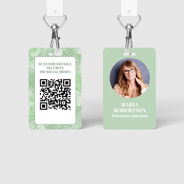 Employee Photo QR Code Green Palm  ID Badge (Employee photo business badge with botanical palm leaves. )