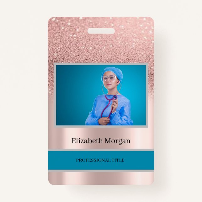 Employee Photo Rose Gold Glitter ID Badge (Front)