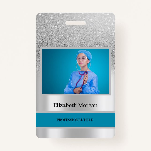 Employee Photo Silver Glitter Bokeh ID Badge (Front)