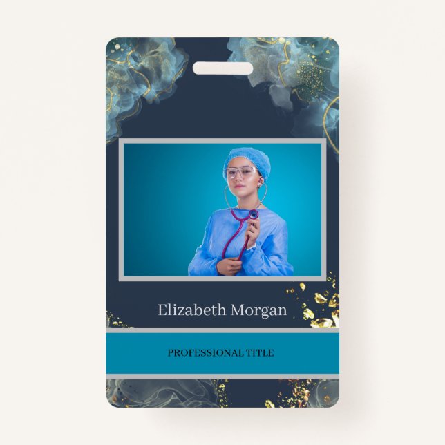 Employee Photo Trendy Boho Blue ID Badge (Front)