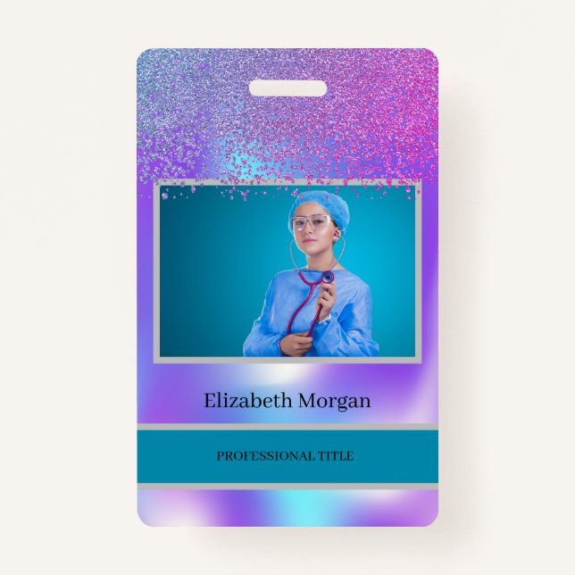 Employee Photo Trendy Diamonds Holographic ID Badge (Front)