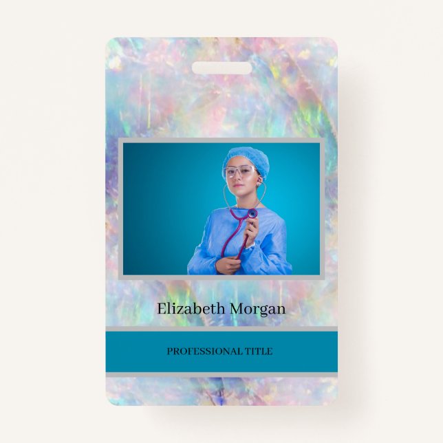 Employee Photo Trendy Holographic Opal ID Badge (Front)