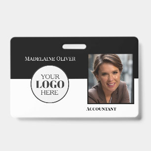 Employee QR Code ID Black White Logo Photo Badge