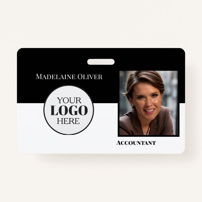 Employee QR Code ID Black White Logo Photo ID Badge (Front)