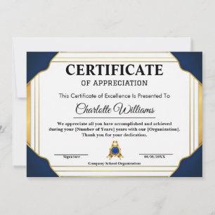 Employee Recognition Certificate Blue Gold 2026 Invitation