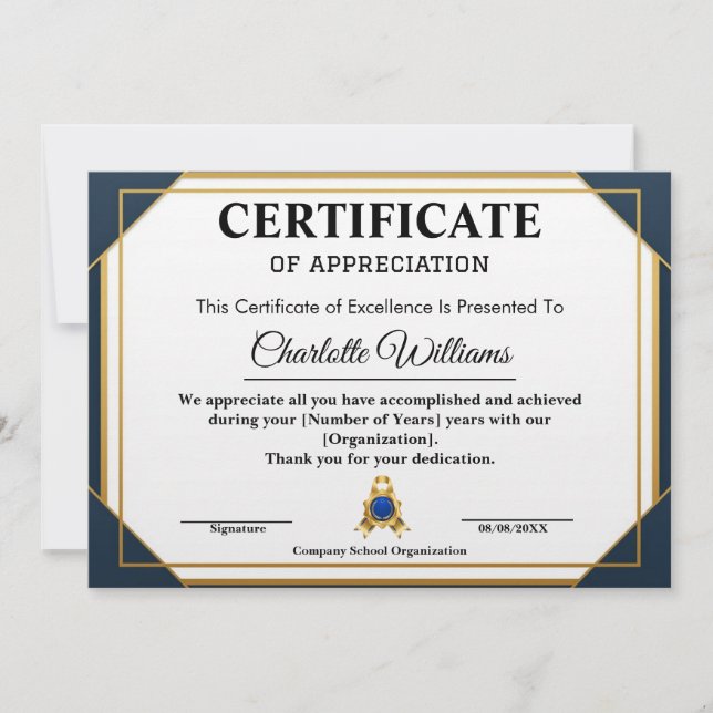 Employee Recognition Certificate Blue Gold 2026 Invitation (Front)