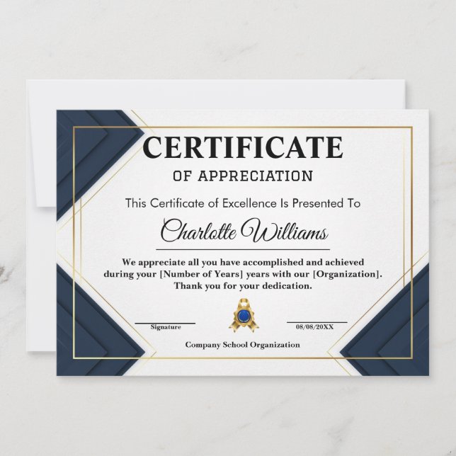 Employee Recognition Certificate Blue Gold 2026 Invitation (Front)