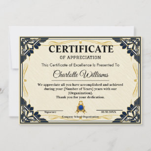 Employee Recognition Certificate Blue Gold Invitation