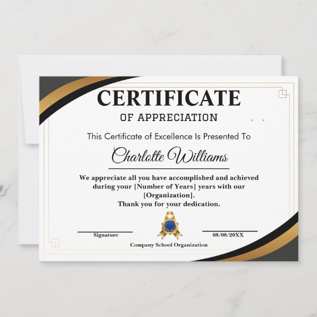 Employee Recognition Certificate Blue Gold Invitation (Front)