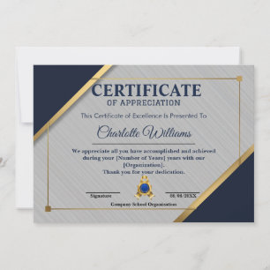 Employee Recognition Certificate Blue Gold Invitation
