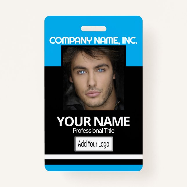 Employee / School Photo Badge- Black and Baby Blue ID Badge (Front)