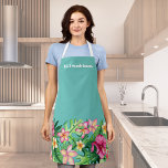 Employee Tropical Flower Border Apron<br><div class="desc">Pretty apron with customisable "hi. i work here." white text on aqua background with bottom tropical floral.  Perfect for a variety of businesses from art studios to outdoor cafes.</div>