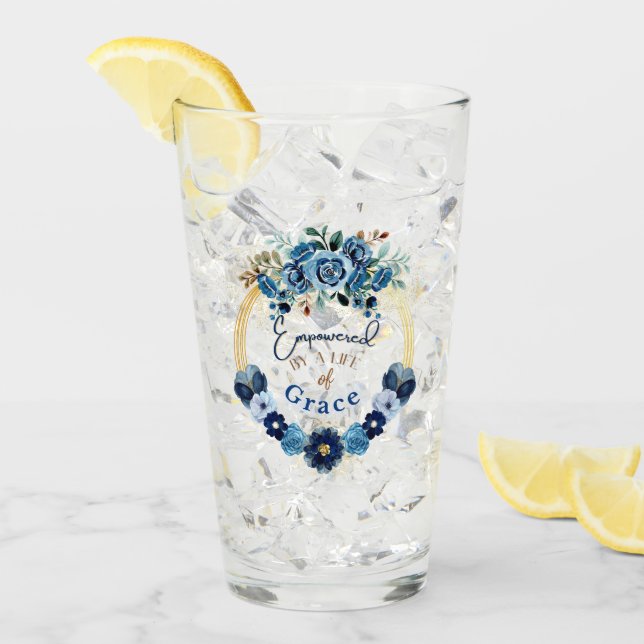 Empowered by God's Grace Blue Floral Gold Wreath  Glass (Front Ice)
