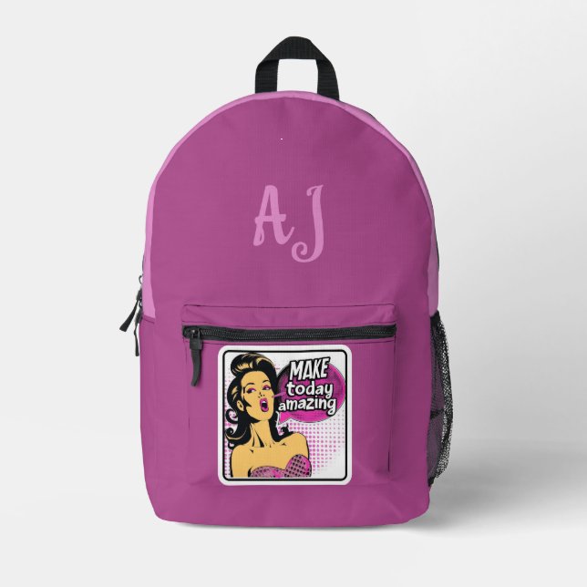 Empowering Purple “Make Today Amazing” Retro Quote Printed Backpack (Front)