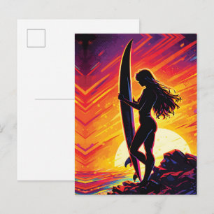Empowering Surfer Girl Sunset Silhouette Pop Art Postcard