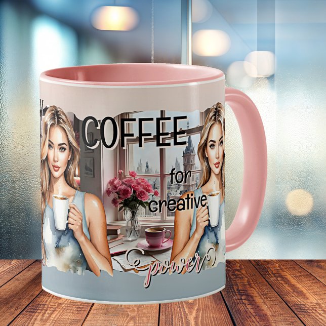 Empowering Women Creative Artistic  Coffee Mug (Office mug featuring a watercolor illustration of a young woman with coffee. Empowering women.)