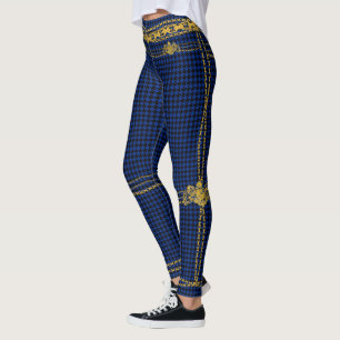 Empress Gold Chain Emblem Black Blue Houndstooth Leggings