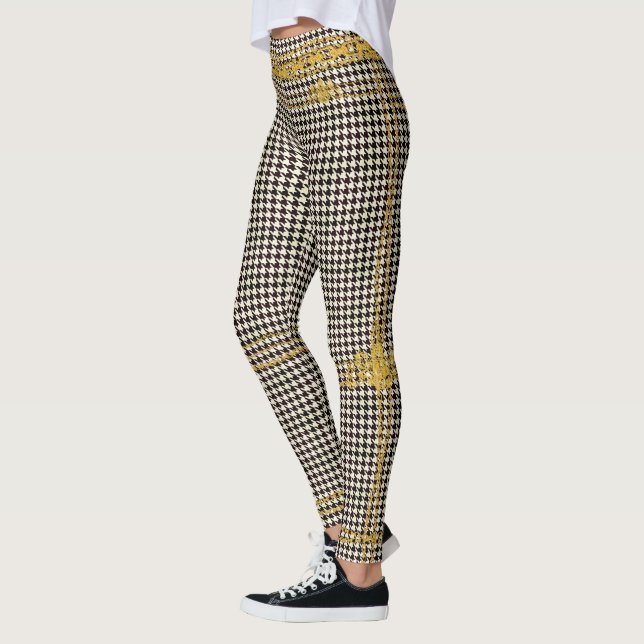 Empress Gold Chain Emblem Black Cream Houndstooth Leggings (Left)