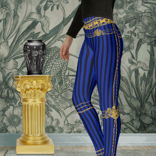 Empress Gold Chain Lion Emblem Black Blue Stripe Leggings