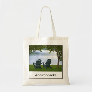 Empty Adirondack Chairs facing a Lake in NY, USA Tote Bag
