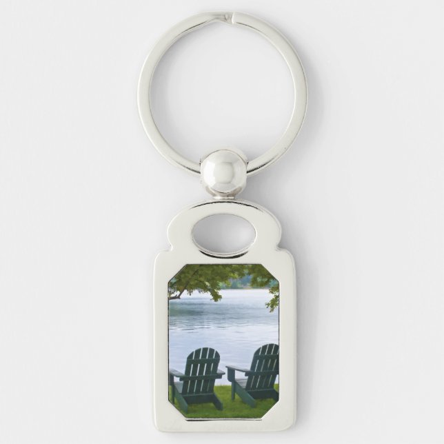 Empty Adirondack Chairs facing a Lake Key Ring (Front)