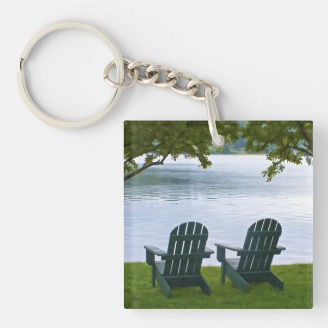 Empty Adirondack Chairs facing a Lake Key Ring (Front)