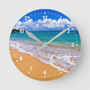 Empty Beach And Blue Waters Round Clock