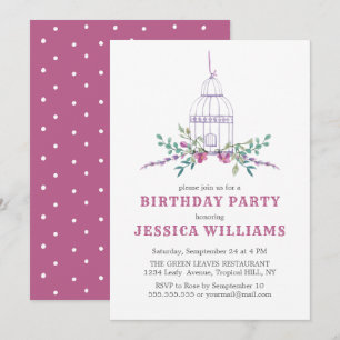 Empty cage and pink flowers birthday invitation