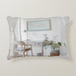 EMPTY DESK NEAR CURTAIN DECORATIVE CUSHION