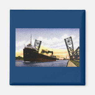 Empty Freighter Passing Bascule Bridge, Soo Locks Magnet