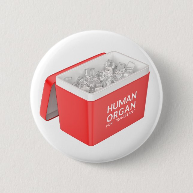 Empty open human organ transport box 6 cm round badge (Front)