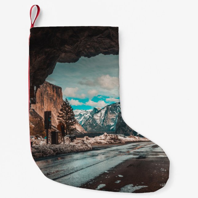EMPTY ROAD TUNNEL LEADING TO MOUNTAINS SMALL CHRISTMAS STOCKING (Front)