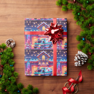 EMS Ambulance At Fire Station Decorated Christmas Wrapping Paper