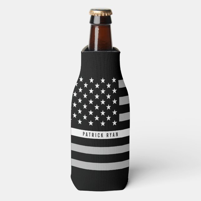 EMS Thin White Line American Flag Monogram Name Bottle Cooler (Bottle Front)