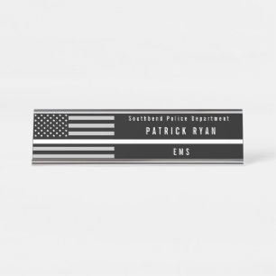 EMS Thin White Line American Flag Monogrammed Desk Name Plate