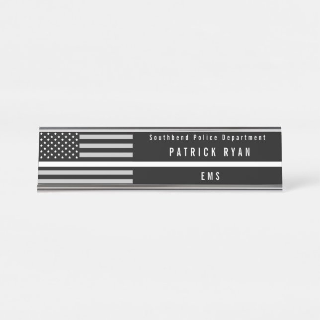 EMS Thin White Line American Flag Monogrammed Desk Name Plate (Front)