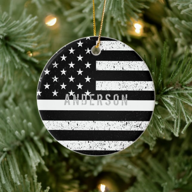 EMT distressed Thin White Line with name Ceramic Tree Decoration (Tree)