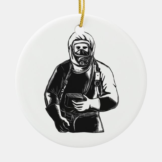 EMT Wearing Hazmat Suit Scratchboard Ceramic Tree Decoration (Front)
