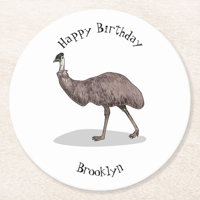 Emu bird cartoon illustration round paper coaster (Front)